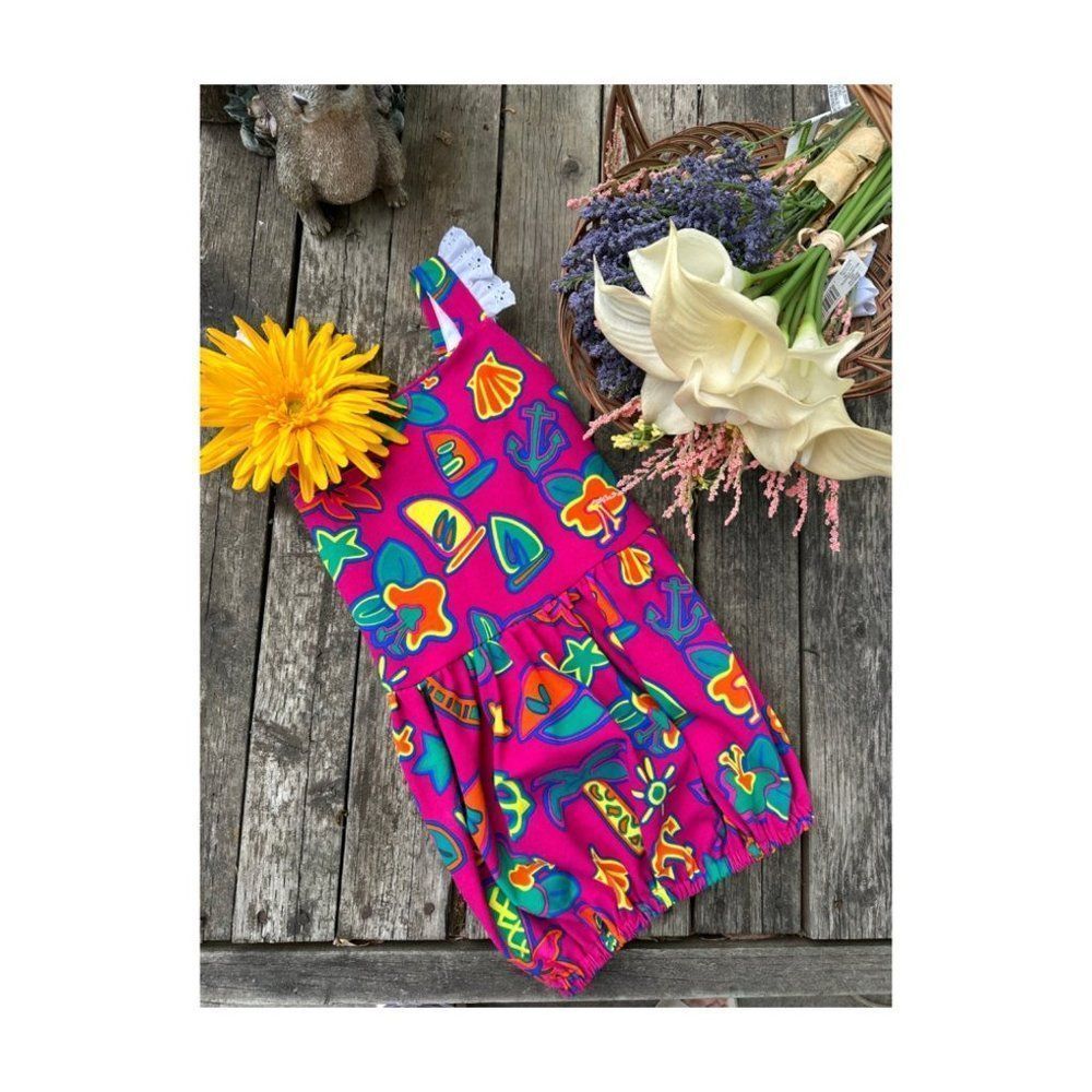 Vintage 90s Colorful Drop Waist Bubble Romper Tank Dress Ruffles